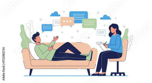 Mental health therapy session with patient and therapist illustration vector