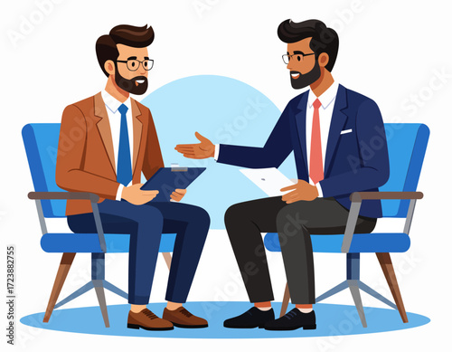 Two professional men seated in chairs, having a discussion or a meeting, symbolizing a business interview, collaboration, or consultation.