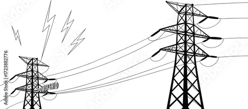 High voltage electricity transmission towers with lightning bolts, vector illustration for energy infrastructure, power safety, utility design, engineering, and industrial concepts.