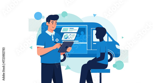 Mobile healthcare service with doctor using tablet and patient in front of van