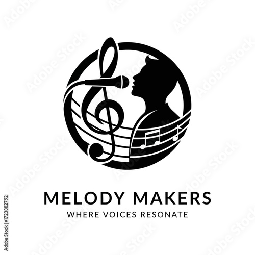 A black and white logo for 'Melody Makers' featuring a treble clef, a microphone, and a silhouette of a person singing, with musical notes.
