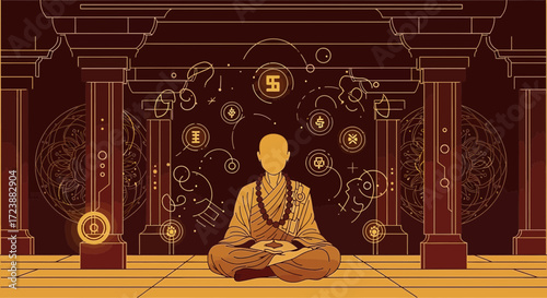 Meditating monk in a temple with geometric symbols and spiritual concept backdrop design