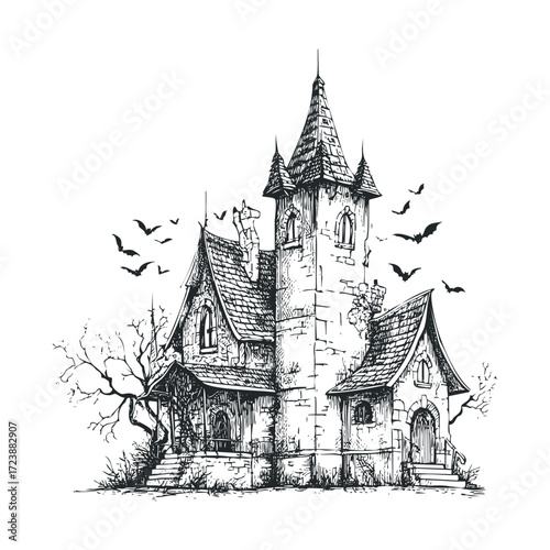 Detailed line sketch of a spooky, tall-turreted haunted house.