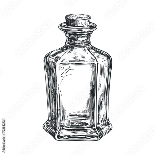 Hand-drawn sketch of a corked, rectangular glass bottle.
