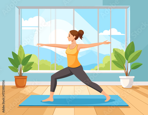 A young woman in workout clothes practicing a yoga pose in a bright, tranquil room, with a large window in the background overlooking a beautiful, peaceful landscape, symbolizing wellness and a health