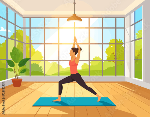 A woman practicing a yoga pose in a sunlit room with large windows overlooking a peaceful green landscape, representing wellness, mindfulness, and a healthy lifestyle.