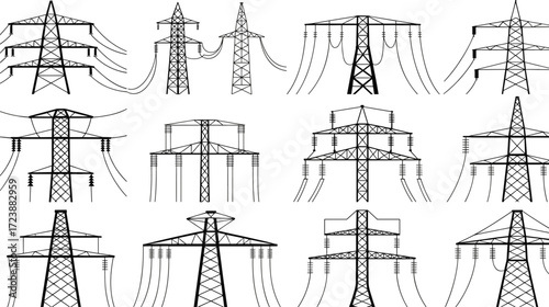 Set of 12 electricity transmission tower designs with power lines, vector icons for energy infrastructure, utility planning, engineering diagrams, and industrial applications.