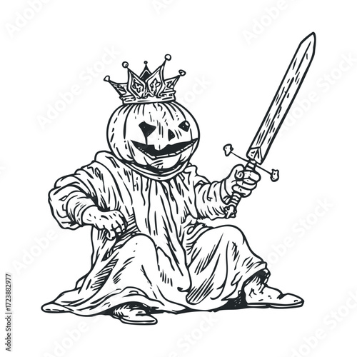 Sketch of a crowned pumpkin-head figure holding a sword.