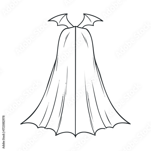 Line drawing of a long cloak with bat wing neck and hem.