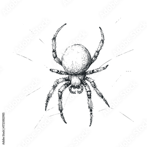  Black and white drawing of a spider with hatching.