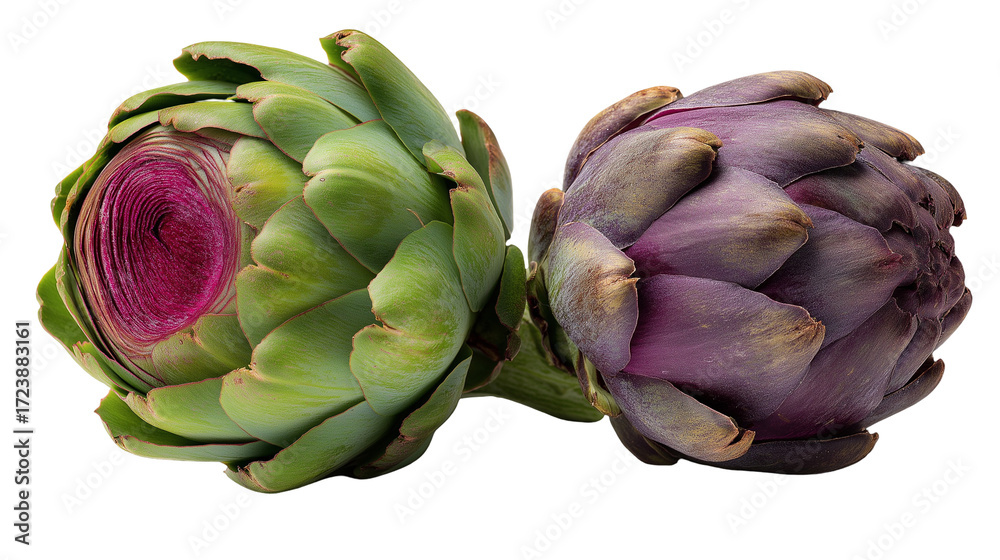 Fototapeta premium Close up of two artichokes one green with purple center and one purple on a black background
