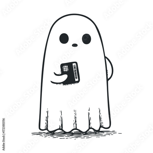 Simple cartoon ghost holding a small rectangular mobile phone.