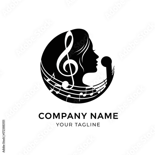 A black and white circular logo featuring a silhouette of a woman's profile singing into a microphone, with musical notes and a treble clef incorporated into the design.