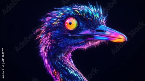 Close-up of a vibrant, stylized bird's head and neck.  Colorful feathers in shades of blue, pink, purple, and orange create a dynamic pattern.   