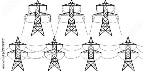 Set of high voltage electricity transmission towers with overhead lines, vector icons for energy infrastructure, utility design, engineering diagrams, and industrial applications.