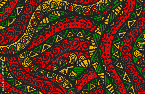 Seamless african pattern. Ethnic and tribal motifs. Orange, red, yellow, and black colors. Grunge texture. Vintage print for textiles. Bohemian hand drawn ornament.
