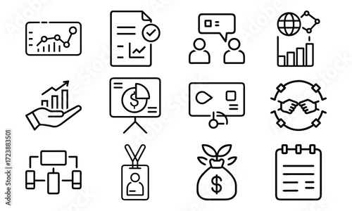 Business Line Icons Collection – Finance, Communication, Analytics, Growth, Partnership, Planning, Certification, Money Investment, and Office Management Vector Set