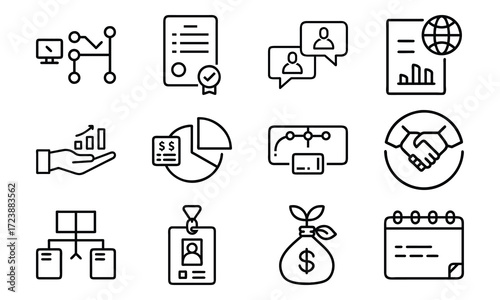 Business Line Icons Collection – Finance, Communication, Analytics, Growth, Partnership, Planning, Certification, Money Investment, and Office Management Vector Set