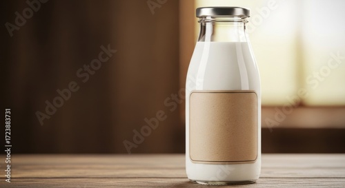 Wallpaper Mural Glass bottle filled with fresh white milk on a wooden surface, ready for labeling. Torontodigital.ca