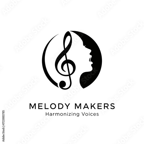 Black and white logo for Melody Makers featuring a treble clef and a woman's profile silhouette within a circle.