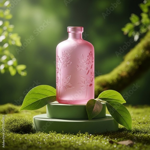 Wallpaper Mural Elegant pink glass bottle with floral etching, presented on a mossy pedestal amidst lush green foliage. Torontodigital.ca