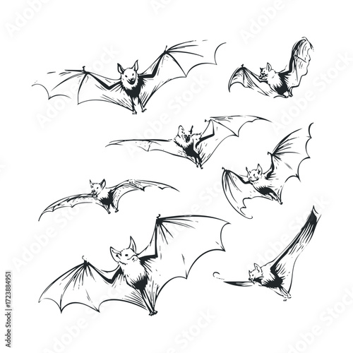 Assorted sketches of flying bats, a candy, and a scary tree.