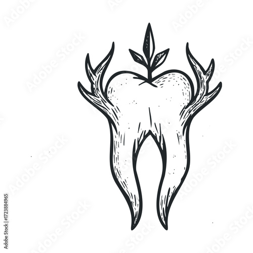 Sketch of a tooth with antlers and a leafy crown.