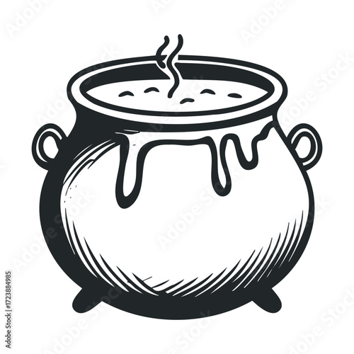 Black and white sketch of a steaming cauldron with potion dripping.