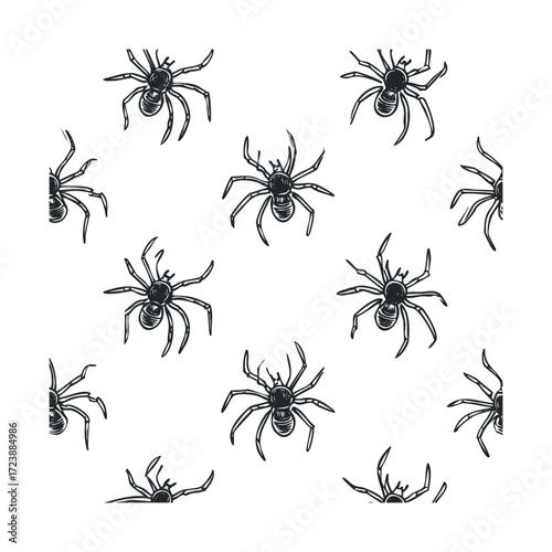  Repeating black sketch of spiders on a white background.