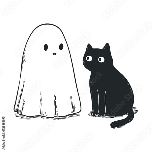 Cute, hand-drawn ghost and black cat sitting together.