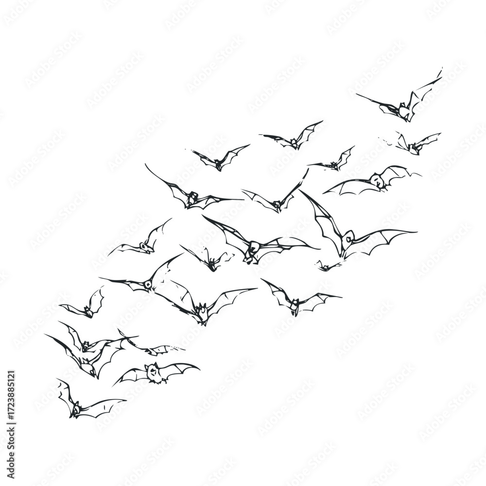 Obraz premium Hand-drawn sketch of a swirling flock of bats in flight.