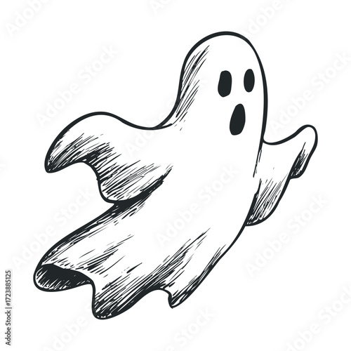 Sketch of a spooky, flying ghost with a surprised expression.