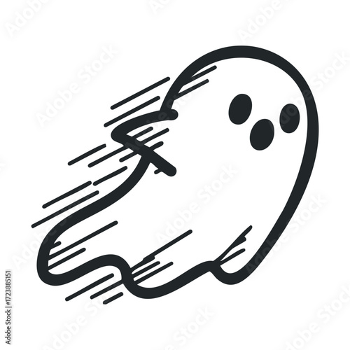 Simple black outline drawing of a spooky, speeding ghost.