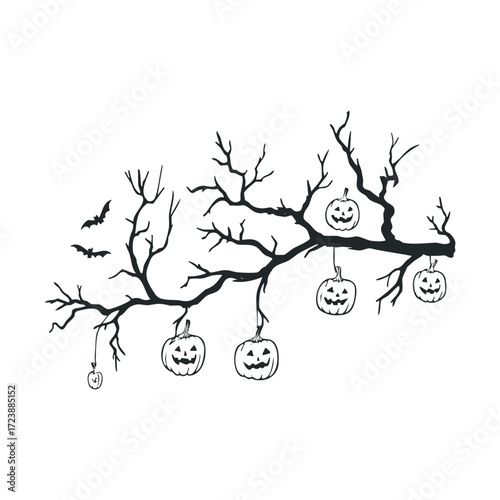 Sketch of bare branch with pumpkins dangling and flying bats.