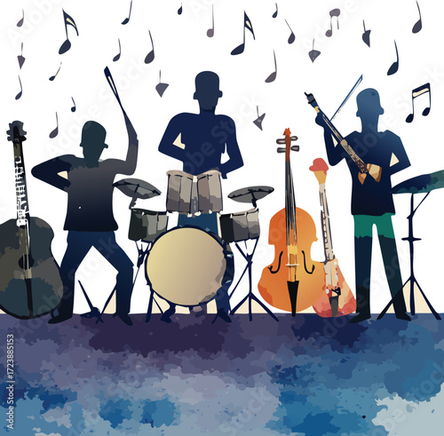 Artistic illustration of a spirited musical ensemble performing live, featuring silhouette musicians passionately playing instruments with vibrant watercolor effects