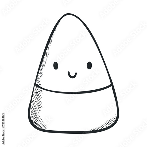 Simple black and white drawing of a smiling piece of candy corn.