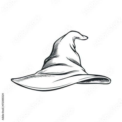 Line drawing of a pointy, wide-brimmed witch hat.