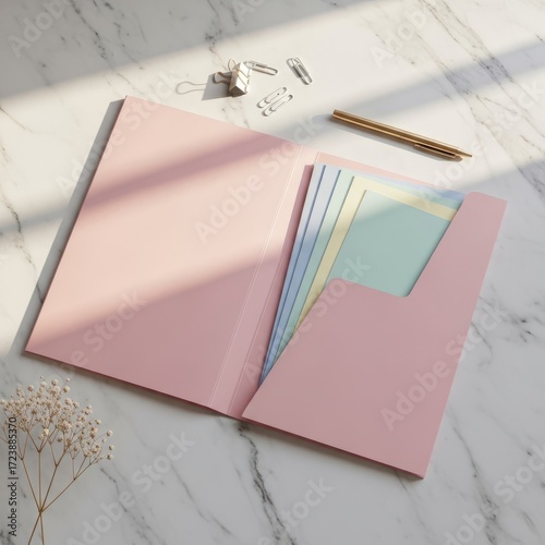 Wallpaper Mural Soft pink folder holding pastel papers and stationery on a marble desk, bathed in gentle sunlight. Torontodigital.ca