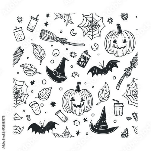  Jumbled sketch of spooky objects and autumn leaves.