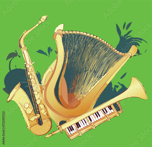 Musical Instruments A Colorful Illustration of a Saxophone, Harp, and Piano Keyboard on a Green Background