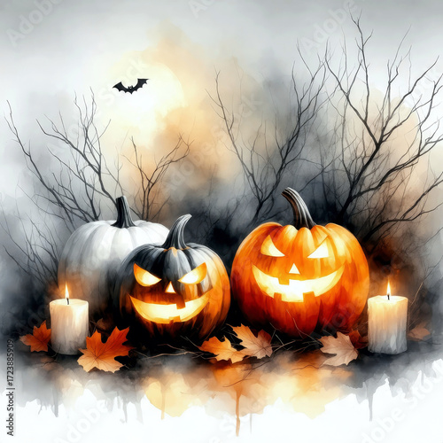 Spooky and cozy Halloween illustration with carved pumpkins, glowing candles, autumn leaves and seasonal decor. Perfect for posters, cards and festive design.