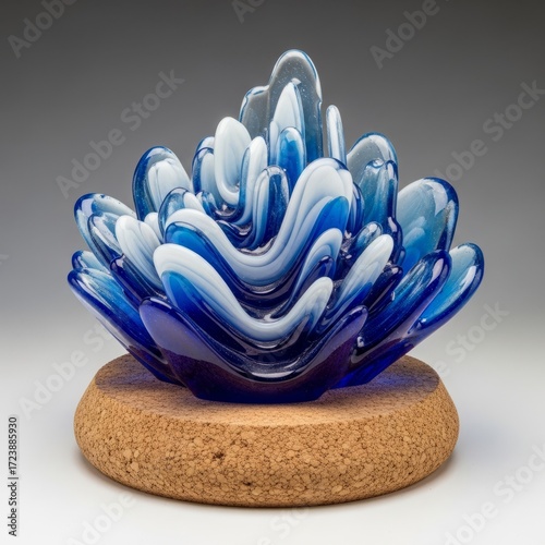 Wallpaper Mural Vibrant blue glass sculpture with flowing organic shapes on a natural cork base, evoking a sense of artistic fluidity. Torontodigital.ca