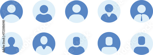 Blue user avatar icons collection in flat circle style. Minimal profile picture placeholders for social media, apps, and websites. Simple people symbols for digital identity and UI design.