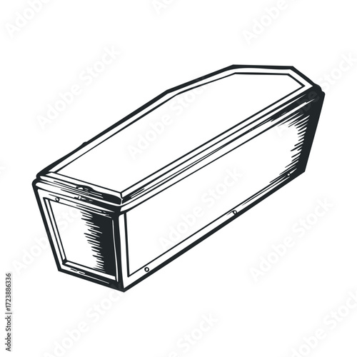 Angled sketch of a closed, traditional burial coffin.