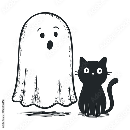A surprised specter floats beside a black feline.
