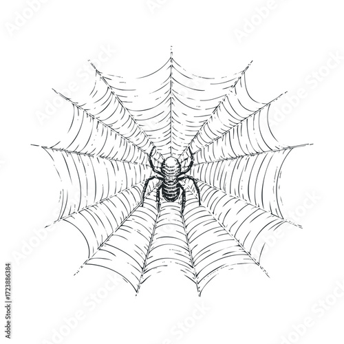 Hand-drawn spider in a circular web on a white background.