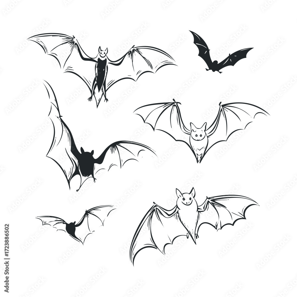 Fototapeta premium A group of various black and white sketched flying bats.