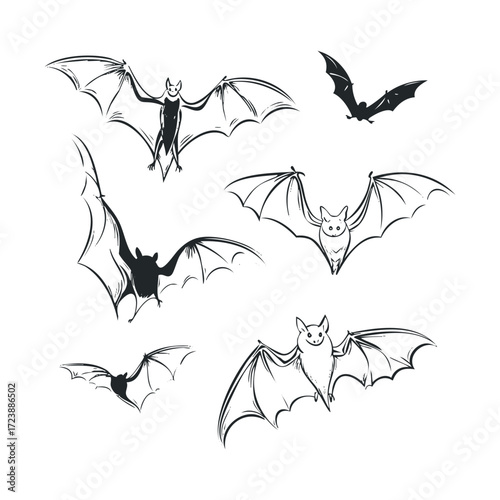 A group of various black and white sketched flying bats.