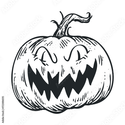  Hand-drawn sketch of a wicked, wide-grinning carved pumpkin.