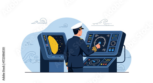 Naval officer operating navigation equipment with radar on ship bridge illustration
